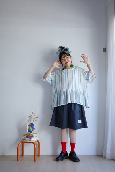 𓏭凹凸泡泡布粉嫩彩格圓領上衣10