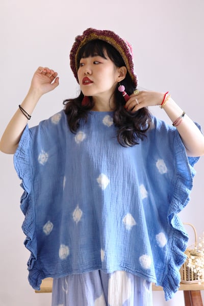 𓏭木耳邊二重紗波點藍染上衣5