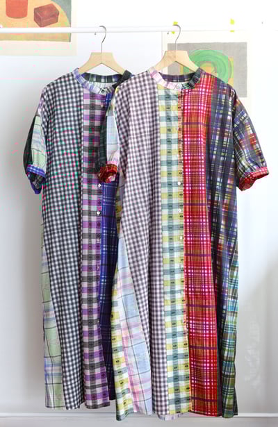 格紋拼布印花開襟洋裝1