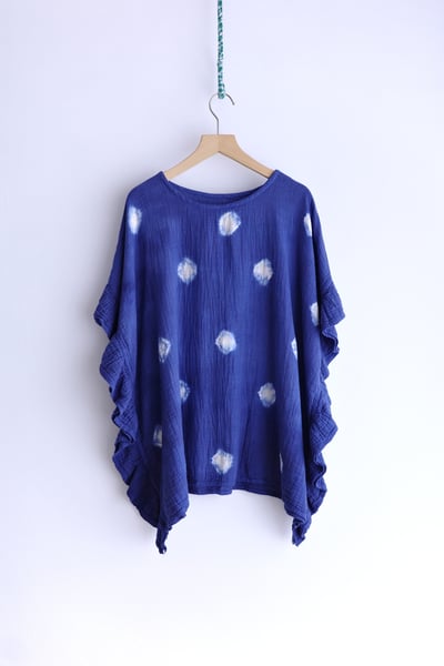 𓏭木耳邊二重紗波點藍染上衣22