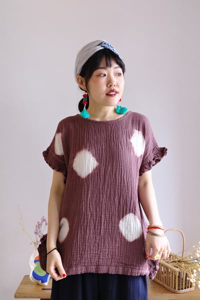 𓏭木耳邊二重紗波點藍染上衣13