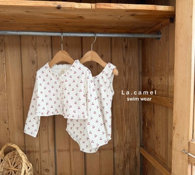 櫻桃印花澎澎袖兩件式泳衣/泳帽2