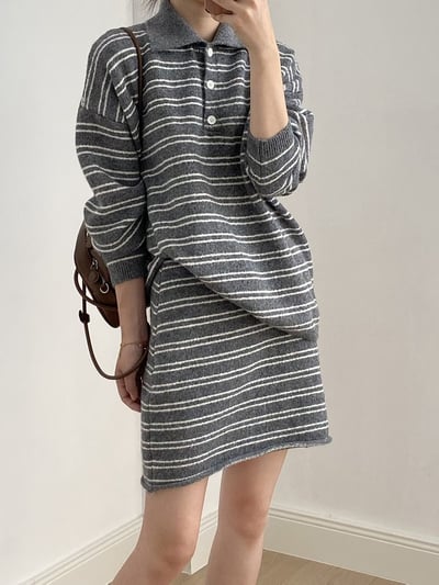 翻領條紋針織套裝裙1