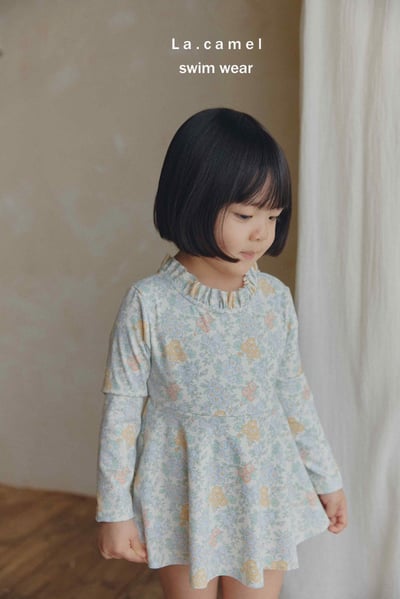 碎花長袖連體裙泳裝/泳帽2