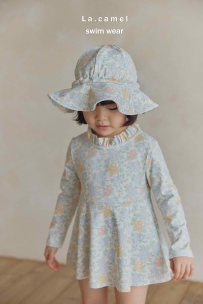 碎花長袖連體裙泳裝/泳帽3