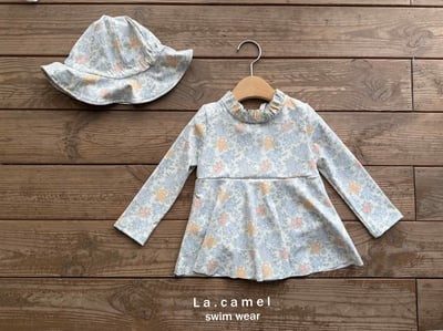 碎花長袖連體裙泳裝/泳帽8