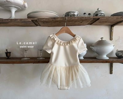 芭蕾風荷葉領紗裙泳裝/泳帽5