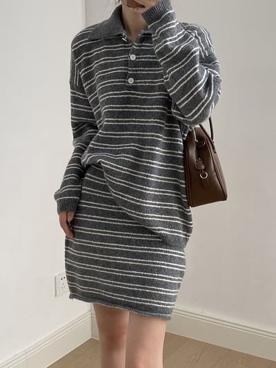 翻領條紋針織套裝裙2