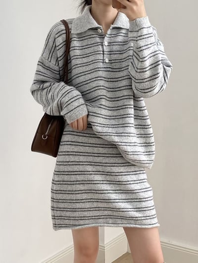 翻領條紋針織套裝裙5
