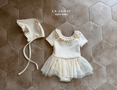 芭蕾風荷葉領紗裙泳裝/泳帽3