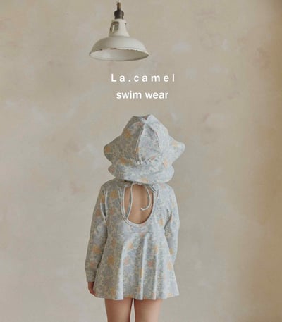 碎花長袖連體裙泳裝/泳帽4