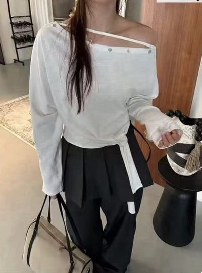造型斜領綁帶上衣(白)1