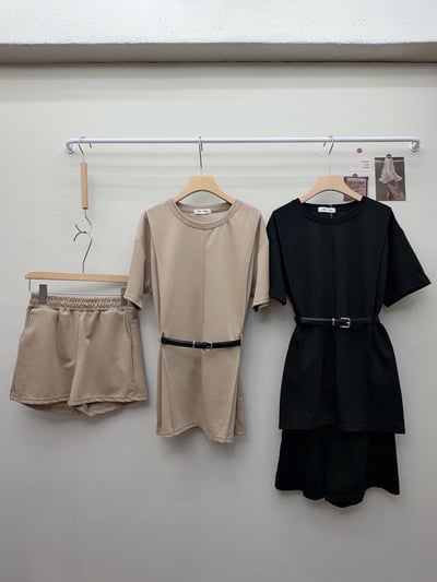 附皮帶開叉短袖上衣＋高腰短褲兩件套裝8