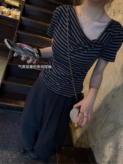 橫條紋單肩扭結短袖棉上衣4