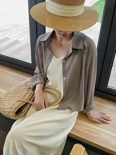 髮絲紋短版襯衫防曬罩衫5