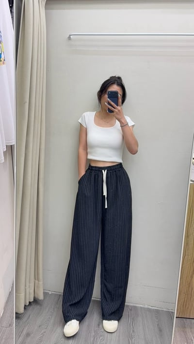 亞麻條紋鬆緊腰垂感寬鬆長褲7