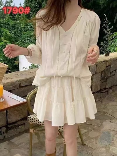 夏日甜美棉麻長袖+短裙套裝3