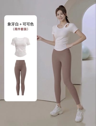 【帶胸墊】肩簍空短袖瑜珈健身運動套裝(上衣/套裝)6
