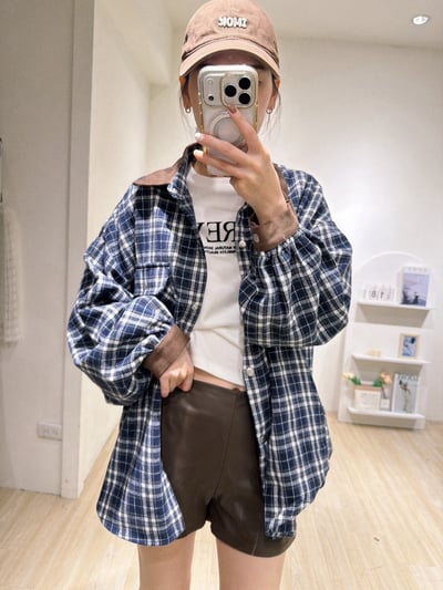 燈芯絨撞色領格紋襯衫7