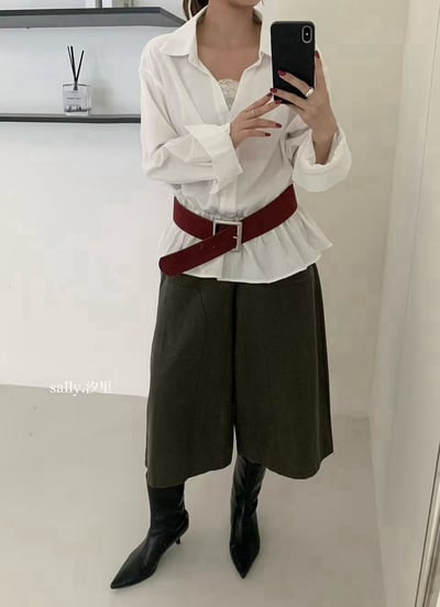拼蕾絲V領縮腰襯衫8