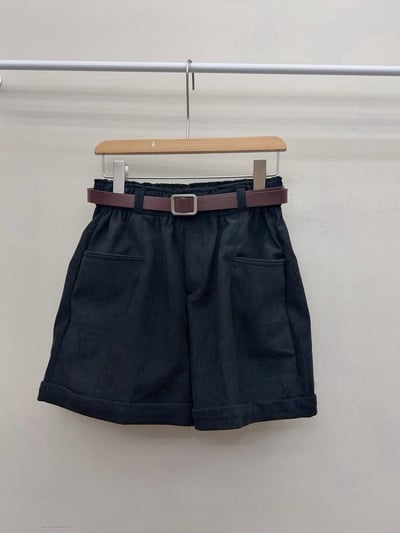 翻邊口袋鬆緊絨布短褲(附皮帶）10