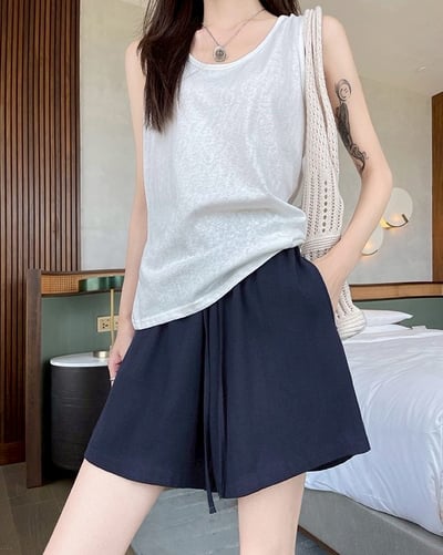 夏日輕氧亞麻闊腿短褲9