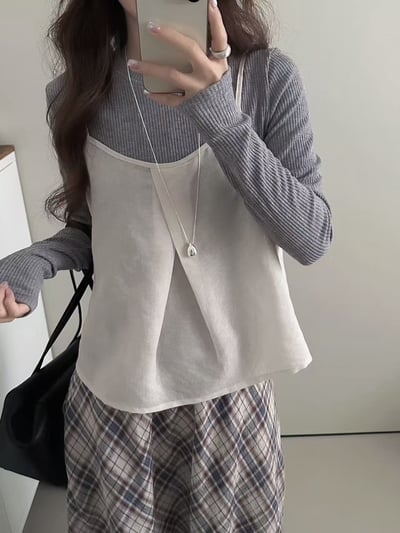 亞麻吊帶背心＋羅紋棉上衣兩件套4