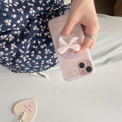 磨砂粉格蝴蝶結磁吸支架手機殼｜iPhone 13-17系列8