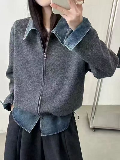 拚接牛仔拉鍊毛衣3