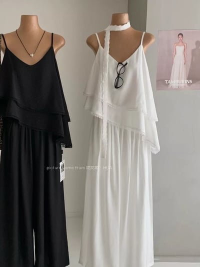 斜襬蕾絲女神吊帶+長褲套裝3