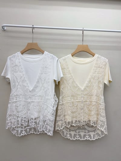 短袖T恤＋V領立體刺繡背心套裝3