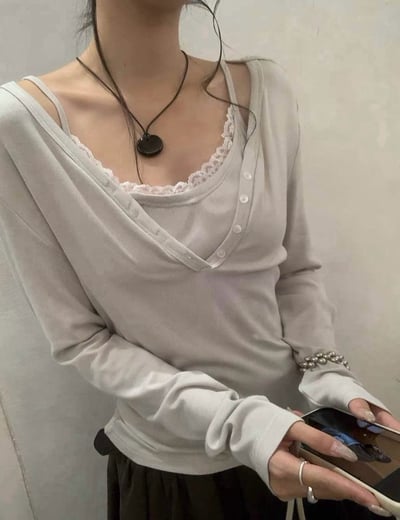 蕾絲吊帶背心+排扣上衣兩件套6