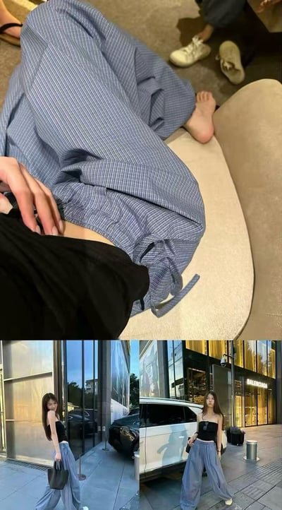 側綁帶格紋鬆緊腰闊腿/束腳長褲6