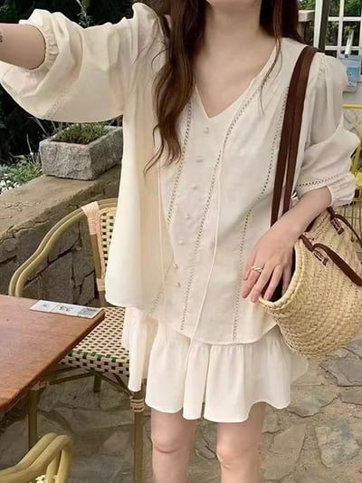 夏日甜美棉麻長袖+短裙套裝4