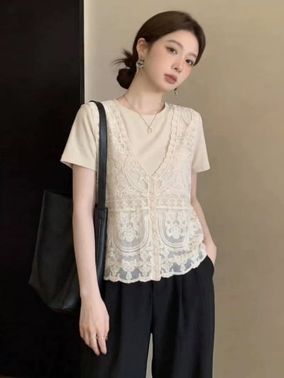 短袖T恤＋V領立體刺繡背心套裝4