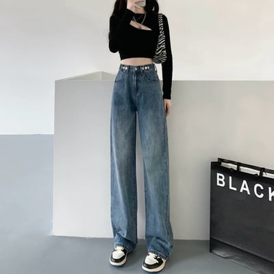 鈕扣調節腰圍直筒牛仔褲(小個子/常規/加長)1