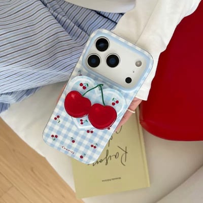 藍格紋櫻桃磁吸支架手機殼｜iPhone 15-17系列3
