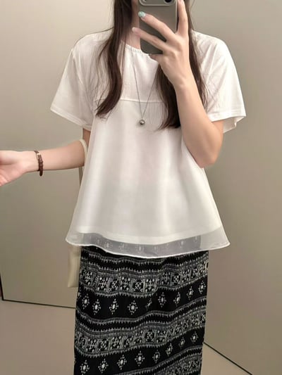 唯美接紗拼接短袖上衣1