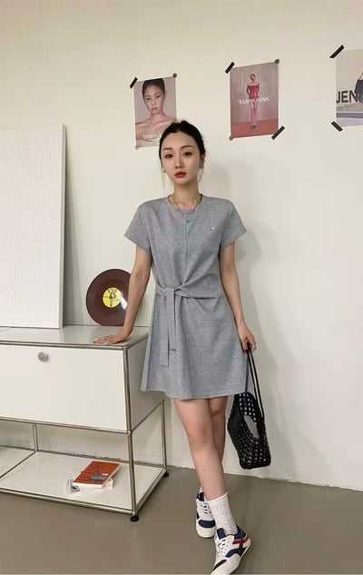 側綁帶修身短袖洋裝4