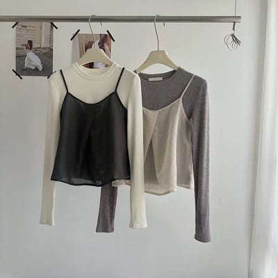 亞麻吊帶背心＋羅紋棉上衣兩件套3