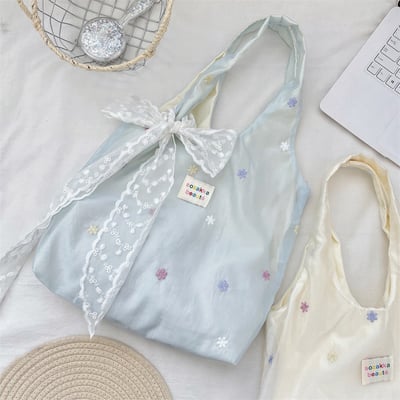 花朵刺繡大容量帆布包手提單肩包｜飄帶加購19
