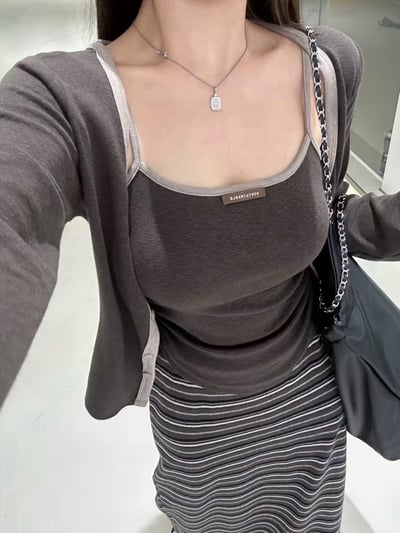 小標配色邊上衣+外套兩件套2