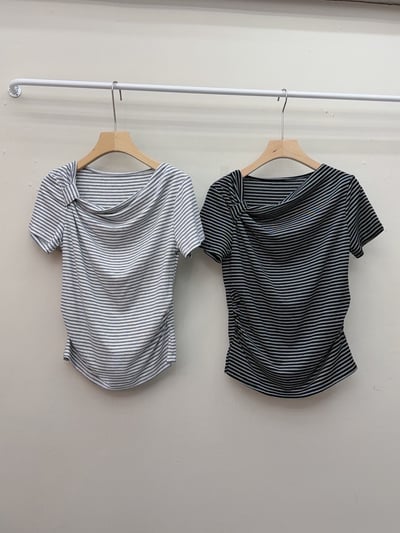 橫條紋單肩扭結短袖棉上衣5