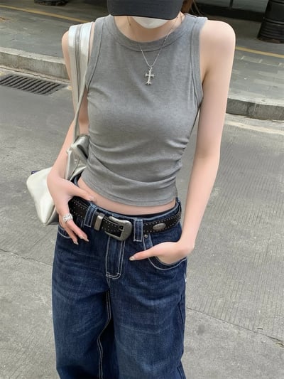 圓領工字抓皺修身吊帶背心12