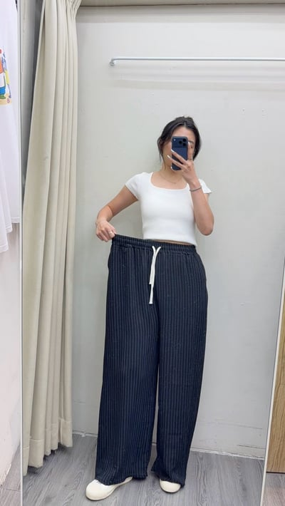 亞麻條紋鬆緊腰垂感寬鬆長褲8