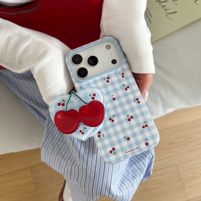 藍格紋櫻桃磁吸支架手機殼｜iPhone 15-17系列1