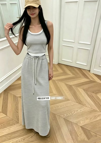 假兩件條紋罩杯長裙套裝6