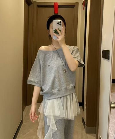 網紗拼接短袖+長褲套裝9