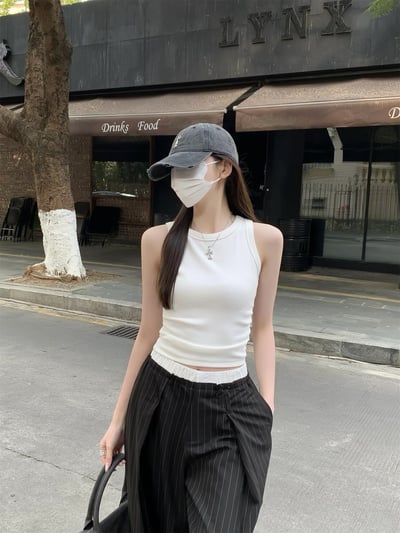 圓領工字抓皺修身吊帶背心6