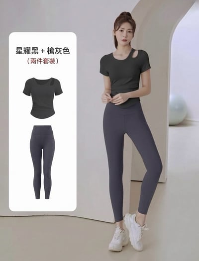 【帶胸墊】肩簍空短袖瑜珈健身運動套裝(上衣/套裝)11